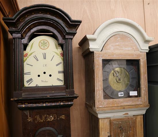 Two Scandinavian painted longcase clocks, one dated 1774, one replacement dial, H.202cm, H.206cm